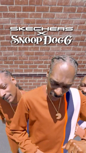 Multiple images of Snoop Dogg in orange jumpsuits against a brick wall, promoting Skechers shoes in an eye-level medium shot.