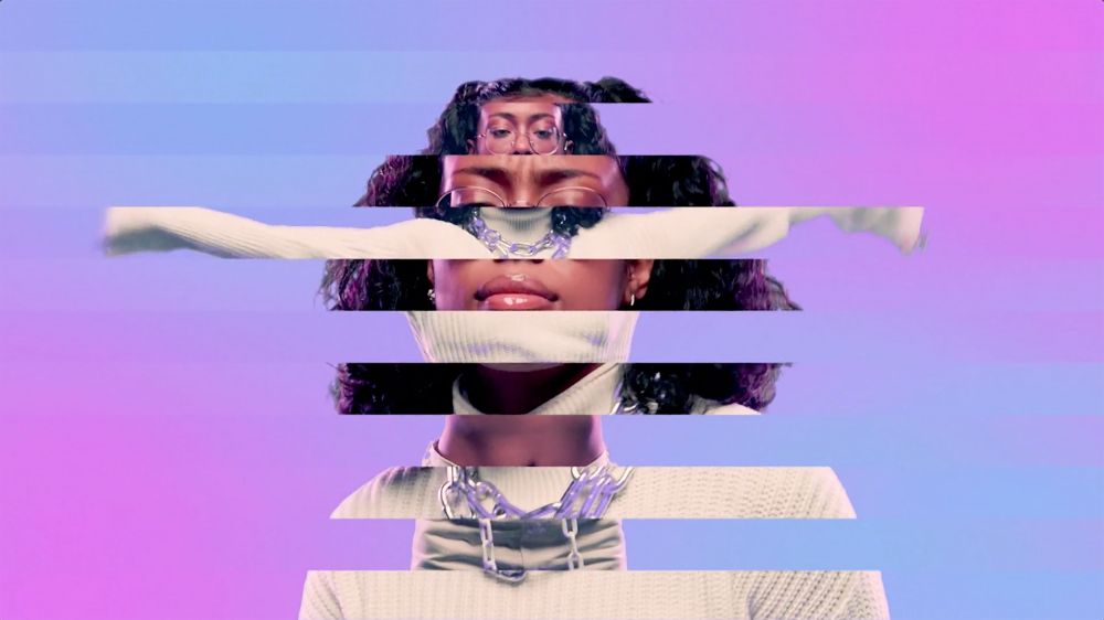 Glitch art portrait of an adult woman wearing a turtleneck and jewelry, set against a vibrant gradient of blue and purple.