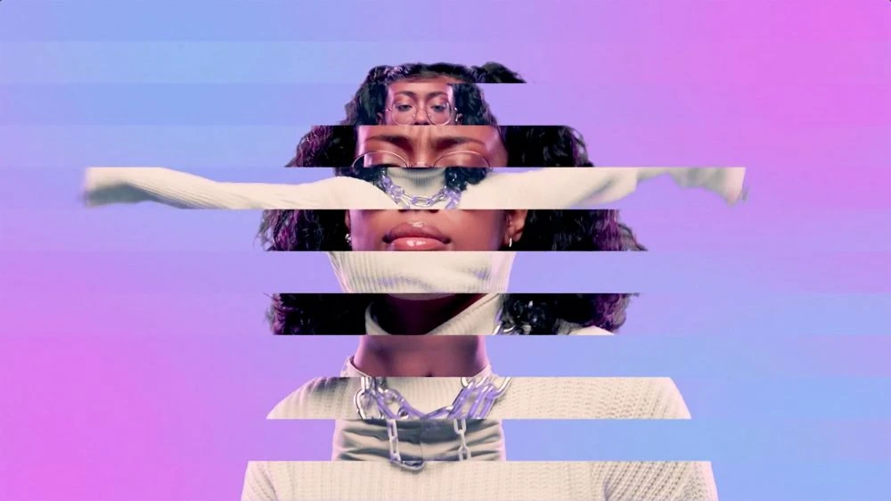 Glitch art portrait of an adult woman wearing a turtleneck and jewelry, set against a vibrant gradient of blue and purple.