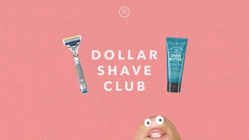 Razor and shave butter tube from Dollar Shave Club sit on a pink background with text and a cartoonish egg-shaped face peeking up.