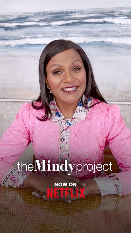 Woman in a pink jacket smiles in front of an abstract painting; The Mindy Project logo and Netflix branding are visible at the bottom.