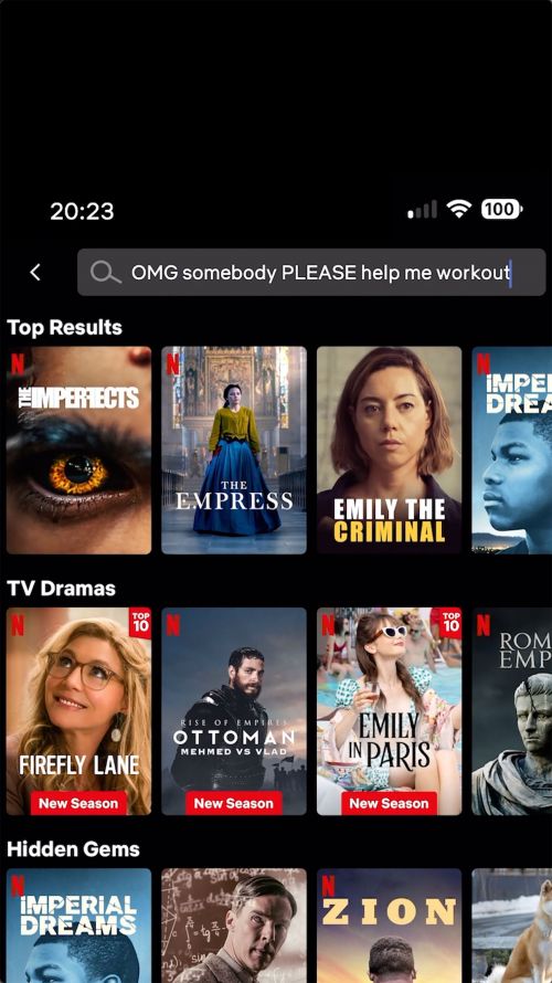 Screenshot of the Netflix interface on a mobile phone, displaying movie and TV show options available for streaming.