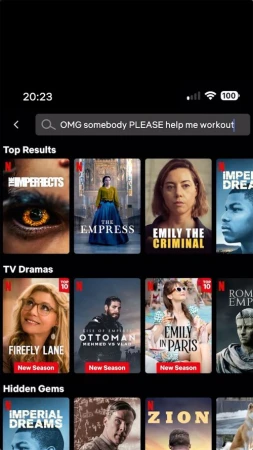 Screenshot of the Netflix interface on a mobile phone, displaying movie and TV show options available for streaming.