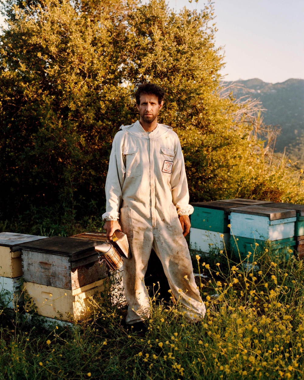 Beekeeper in protective suit stands in a field, holding a smoker, with bee hives and greenery in the background on a sunny day.