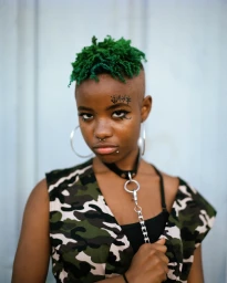 Portrait of a Black woman with short green hair and facial tattoos wearing a camouflage vest and choker by Peyton Fulford