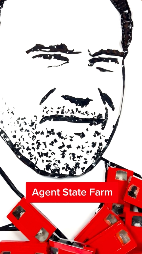 Abstract sketch of a man's face with red VHS tapes and an 'Agent State Farm' sign, blending technology with sketched portraiture.