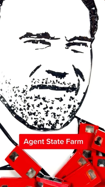 Abstract sketch of a man's face with red VHS tapes and an 'Agent State Farm' sign, blending technology with sketched portraiture.