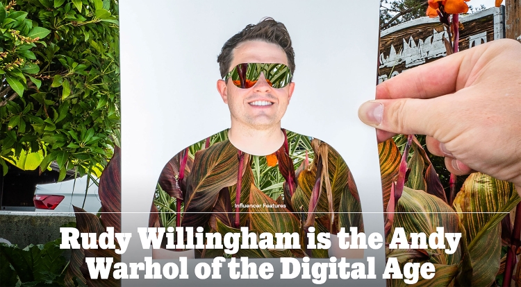 Adult male wearing sunglasses and a shirt with a leaf pattern, set against a background of lush greenery and flowers in a garden.