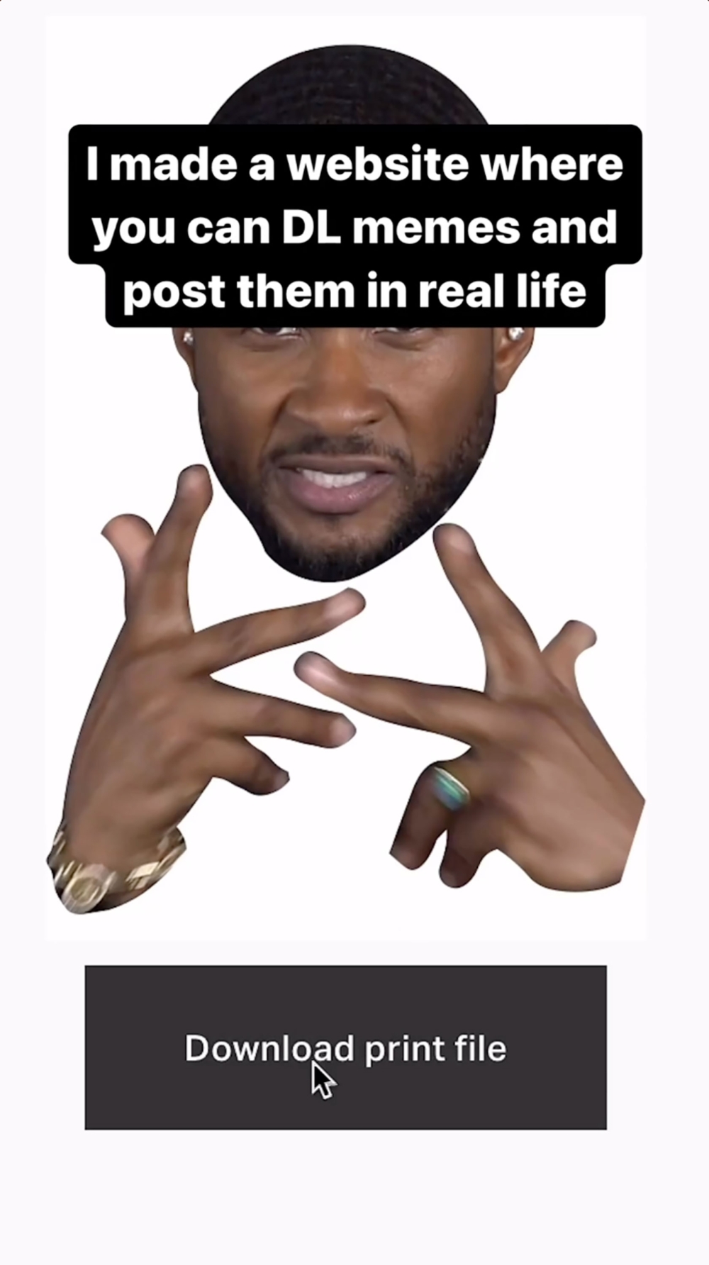 Digital artwork featuring a celebrity-style figure, stylized hands with rings, and overlay text, set against a bright white backdrop.