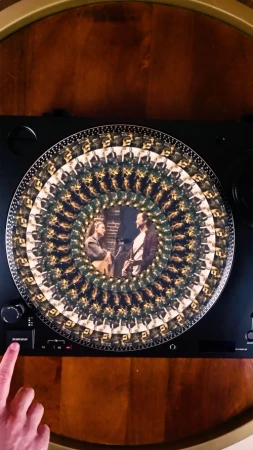Vintage record player spinning a vinyl record with a circular kaleidoscopic image of two musicians playing instruments.