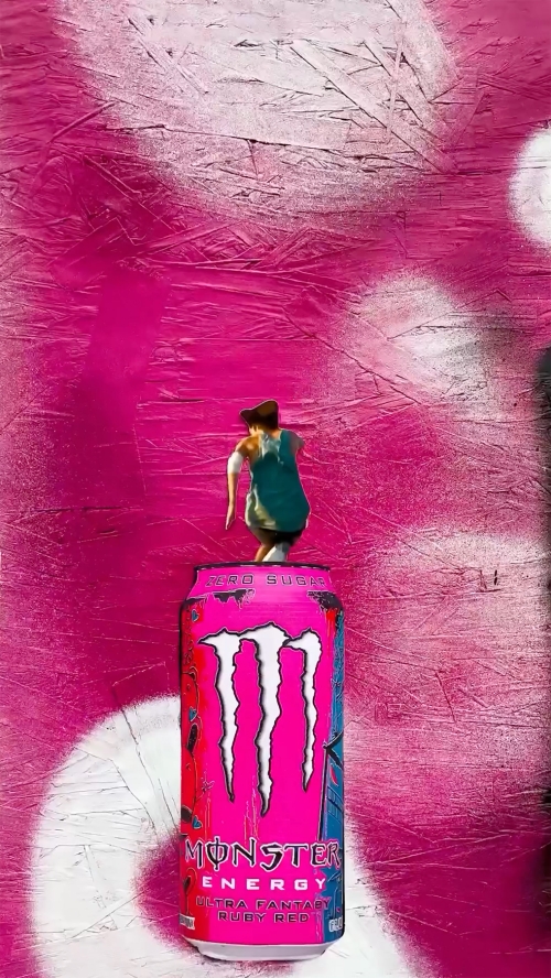 Miniature adult on a pink Monster Energy can against a textured pink and white backdrop. Focus on the subject and colorful background.