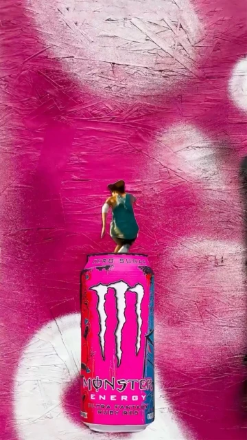 Miniature adult on a pink Monster Energy can against a textured pink and white backdrop. Focus on the subject and colorful background.