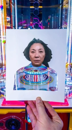 Photo of a woman's face in a white paper cutout, held in front of a pinball machine for an optical illusion effect and creative portrait.