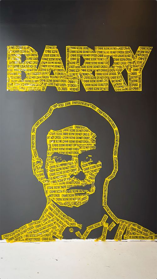 Portrait-style artwork made of Crime Scene tape, featuring a man's face and the name 'Barry' against a dark background.
