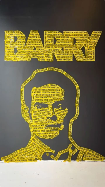 Portrait-style artwork made of Crime Scene tape, featuring a man's face and the name 'Barry' against a dark background.