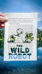 Hand holding a torn book page with text and illustrations against a scenic lake and forest background.