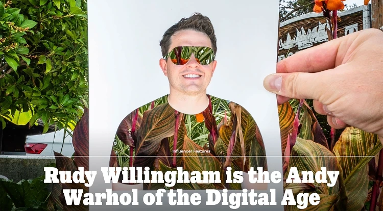 Hand holding a cut-out paper portrait featuring a man wearing reflective sunglasses and a botanical print t-shirt aligned with real foliage.