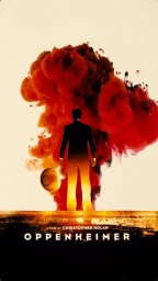 Man in suit viewed from behind standing before a large plume of fiery red smoke with a floating hat