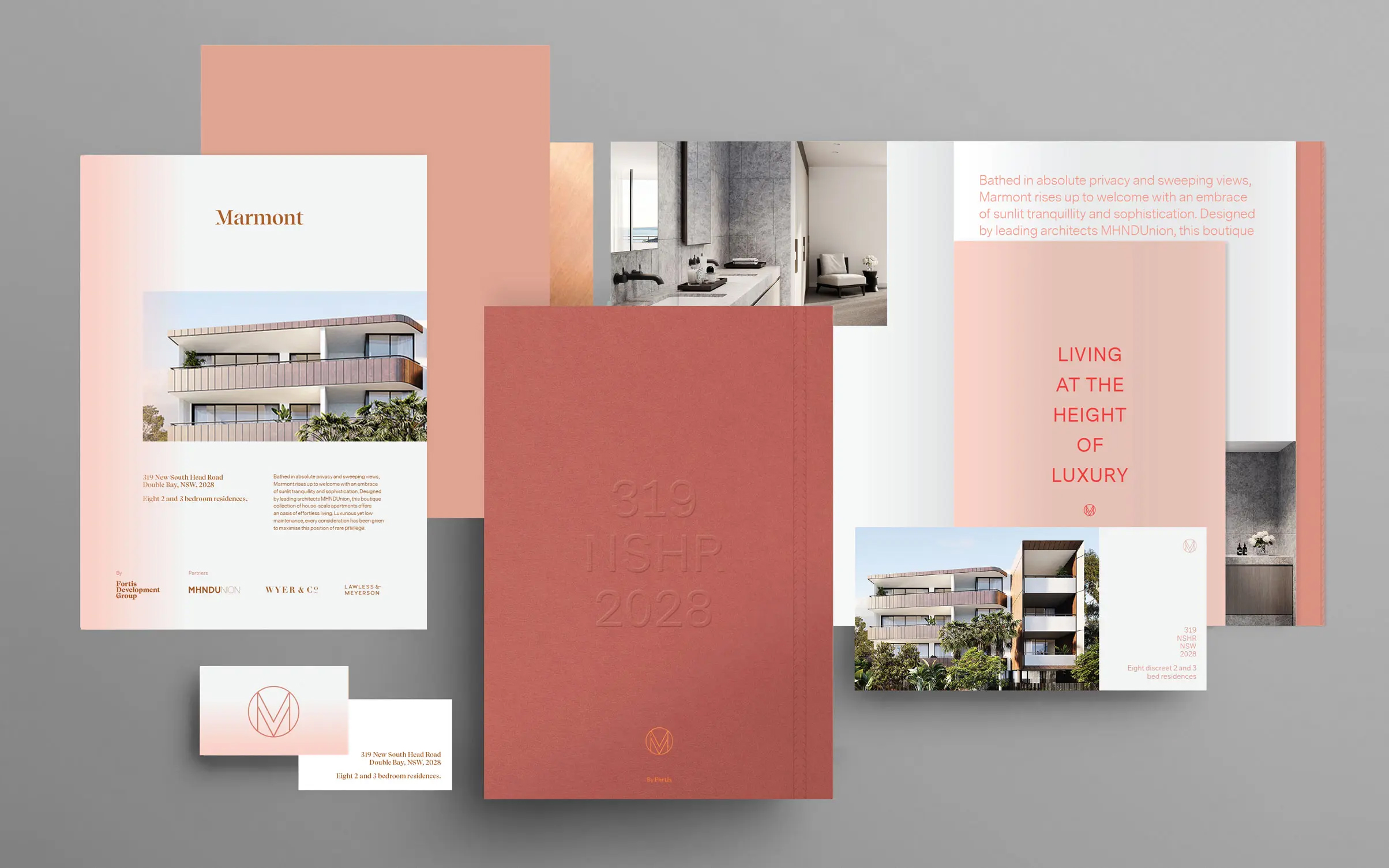 Promotional materials featuring modern building architecture, luxurious interiors, and sophisticated design elements in a peach color palette.