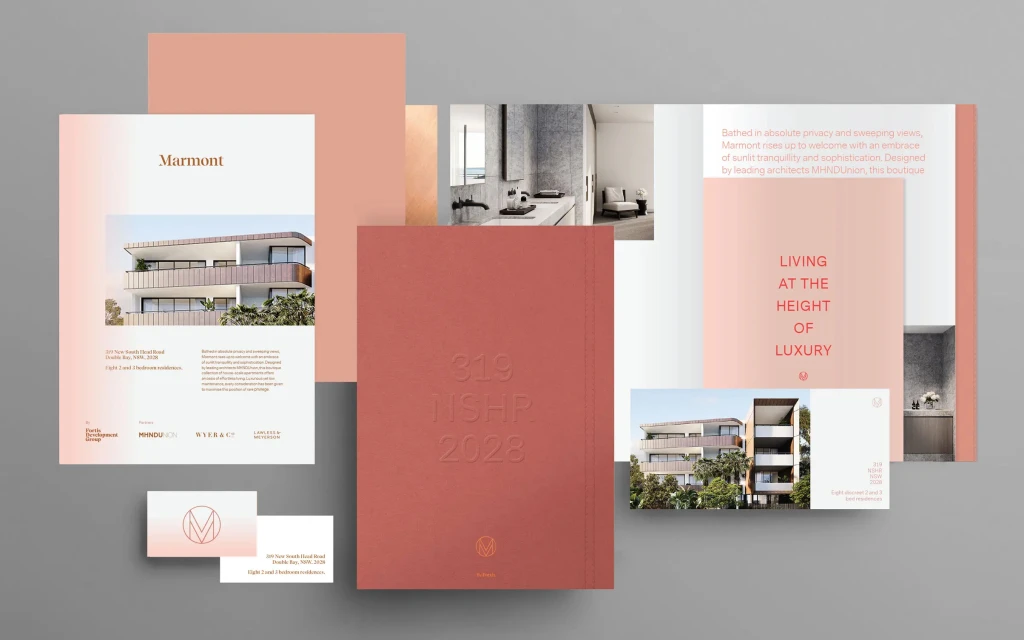 Promotional materials featuring modern building architecture, luxurious interiors, and sophisticated design elements in a peach color palette.