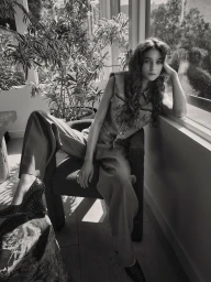Monochrome portrait of a woman seated in a cushioned armchair by a large window with potted plants in Los Angeles by Todd Cole