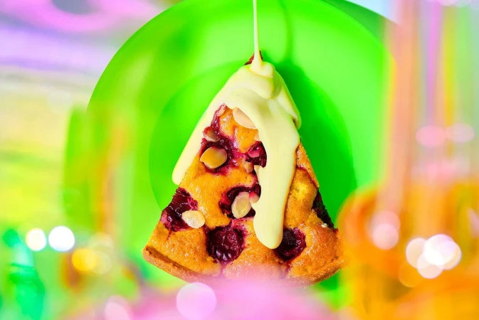 Bright, eye-level food photography of a slice of cherry cake with white sauce drizzle, showcasing vibrant colors and a dessert theme.