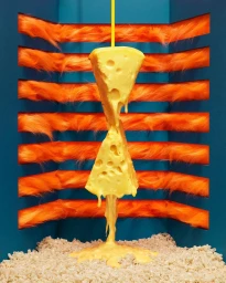 Two triangular cheese wedges balanced on top of each other with melted cheese dripping down over a bed of pasta.