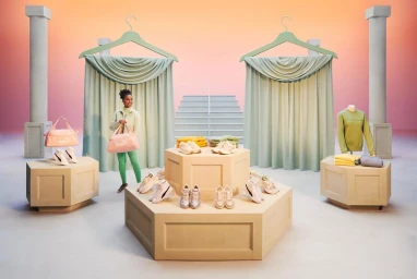 A woman in green activewear holds a pink duffel bag in a surreal surreal studio set with pillars, giant hangers, and sneaker displays.