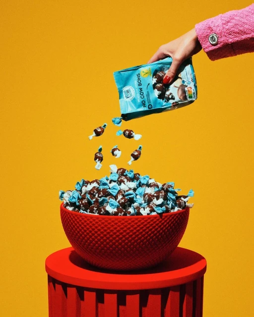 Hand pouring small wrapped candies from a blue bag into a red patterned bowl resting on a red pedestal against a yellow background.
