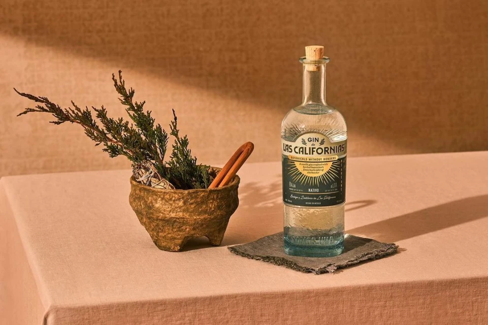 Bottle of gin with botanical elements in a studio setting, showcasing the drink and its ingredients on a linen surface.