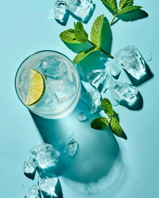 Refreshing drink with ice, lime and mint leaves on a cool blue background, captured from above with bright, crisp lighting.