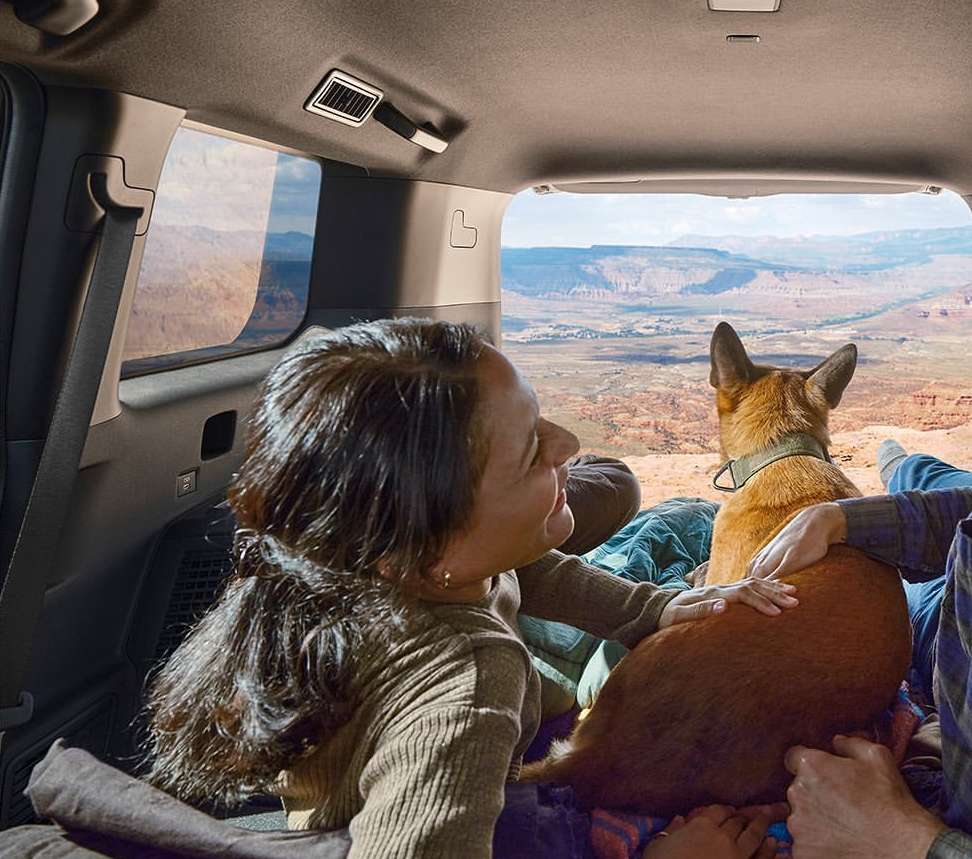 Woman and dog inside SUV enjoying vista view of desert landscape. The woman is petting the dog and smiling at the landscape.