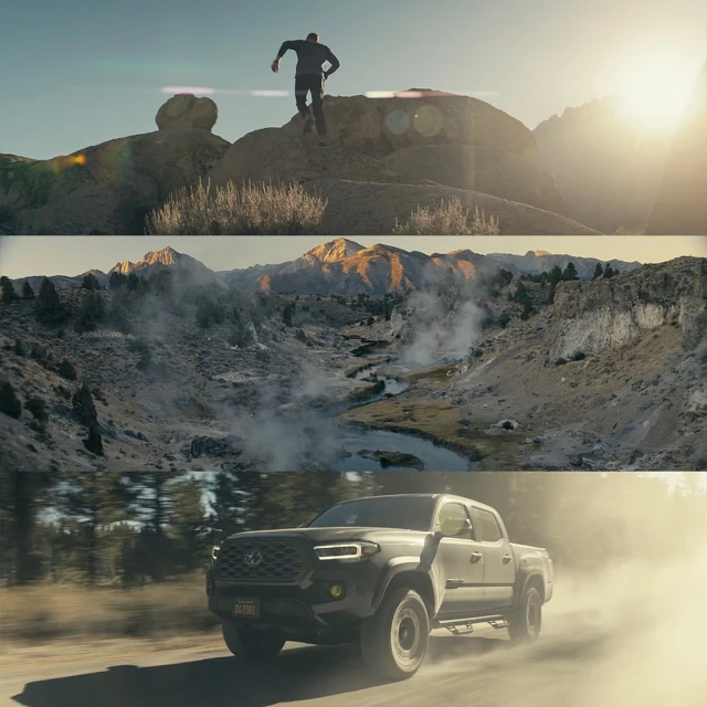 Split-view of a man on rocks, mountainous landscape with stream, and a truck driving on dirt road in a sunny, outdoor setting.