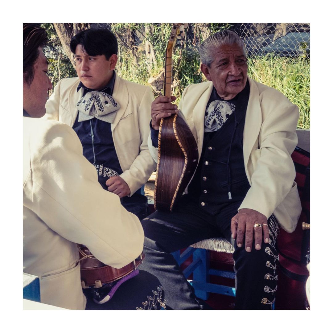 Three mariachi musicians in matching suits perform with their instruments in an outdoor setting under natural lighting conditions.