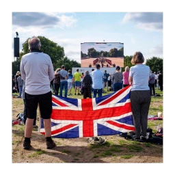 People gathered outdoors watching a large screen display while holding a Union Jack flag in the foreground.