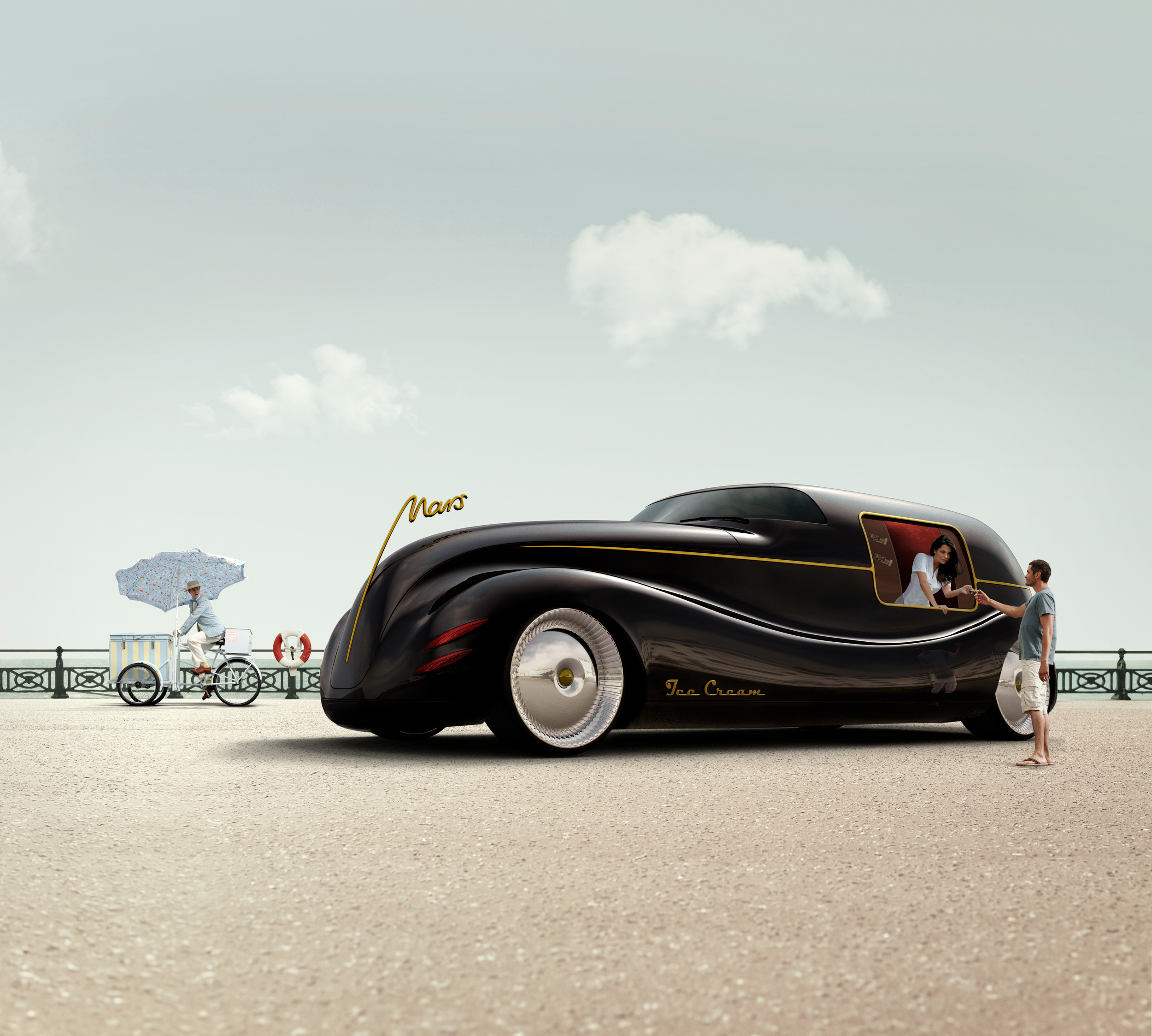 Art deco style black car on a pier with driver, passenger, ice cream seller, and potential buyer in a surreal beach setting.