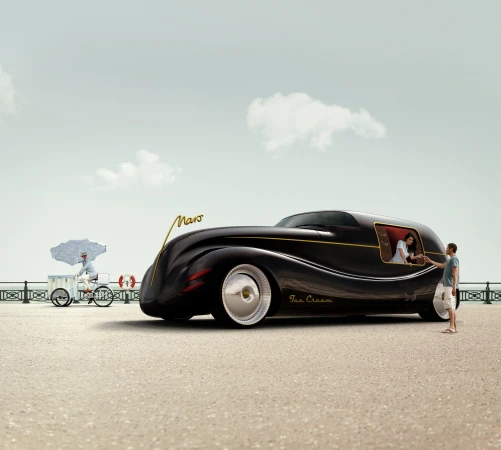 Art deco style black car on a pier with driver, passenger, ice cream seller, and potential buyer in a surreal beach setting.