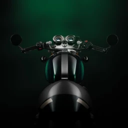 Close-up front view of a motorcycle handlebars and fuel tank against a moody dark green gradient background.