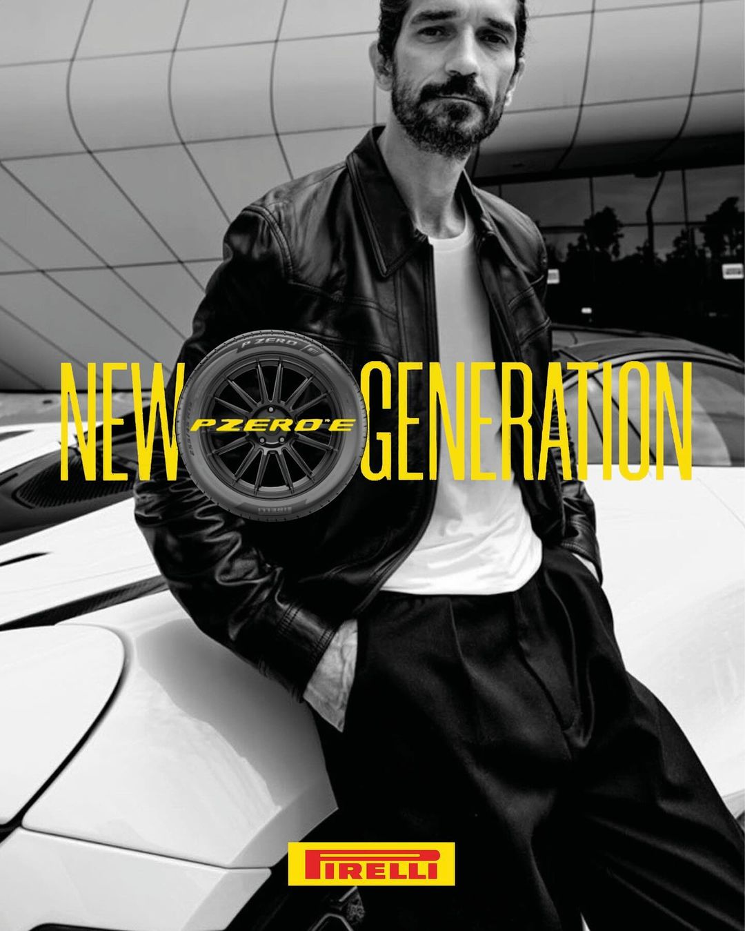 Automotive lifestyle ad featuring a stylish man in a leather jacket leaning on a white sports car next to a tire and Pirelli logo.