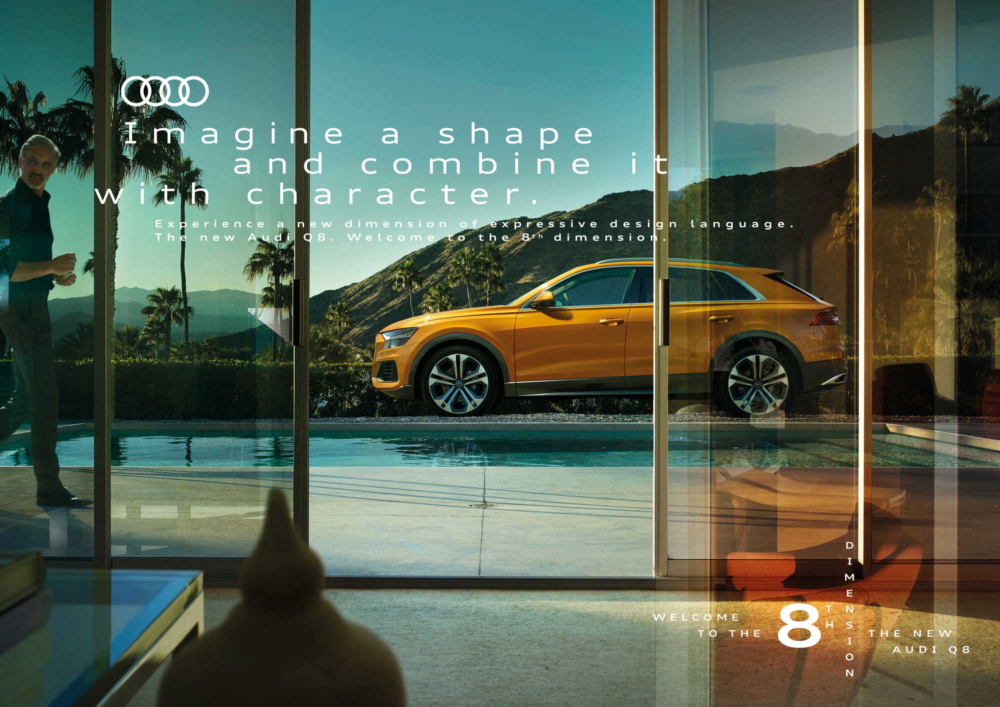 Luxury car advertisement showcasing a golden SUV next to a pool with palm trees, featuring an adult male in a modern, stylish setting.