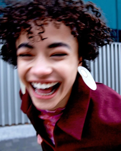 Close-up of smiling, dark-haired young woman with fair skin wearing statement earrings and a maroon coat in an urban outdoor setting.