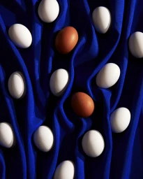 Overhead still life of multiple white eggs and two brown eggs resting on deep blue pleated fabric