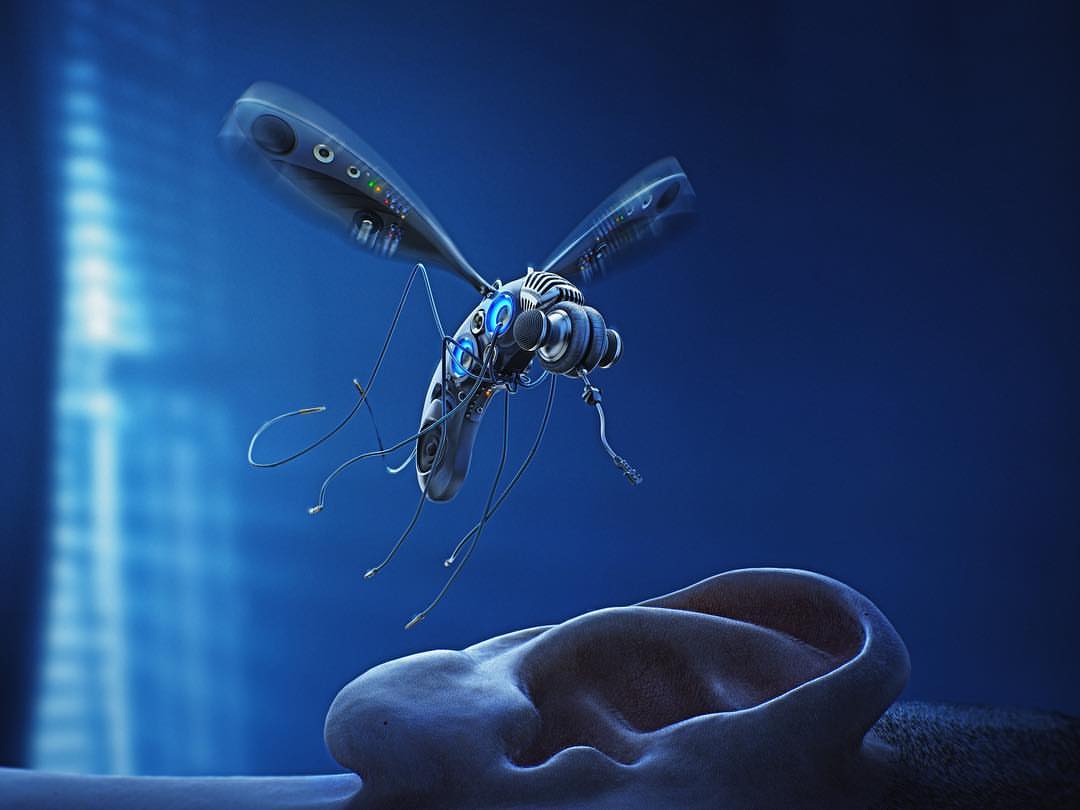 Conceptual CGI image of a futuristic robotic mosquito with visible circuitry next to a human ear against a blue background.