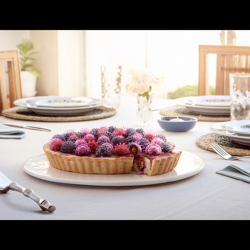 Berry tart on a white plate on a table with silverware and glassware, illuminated by natural light from a nearby window.