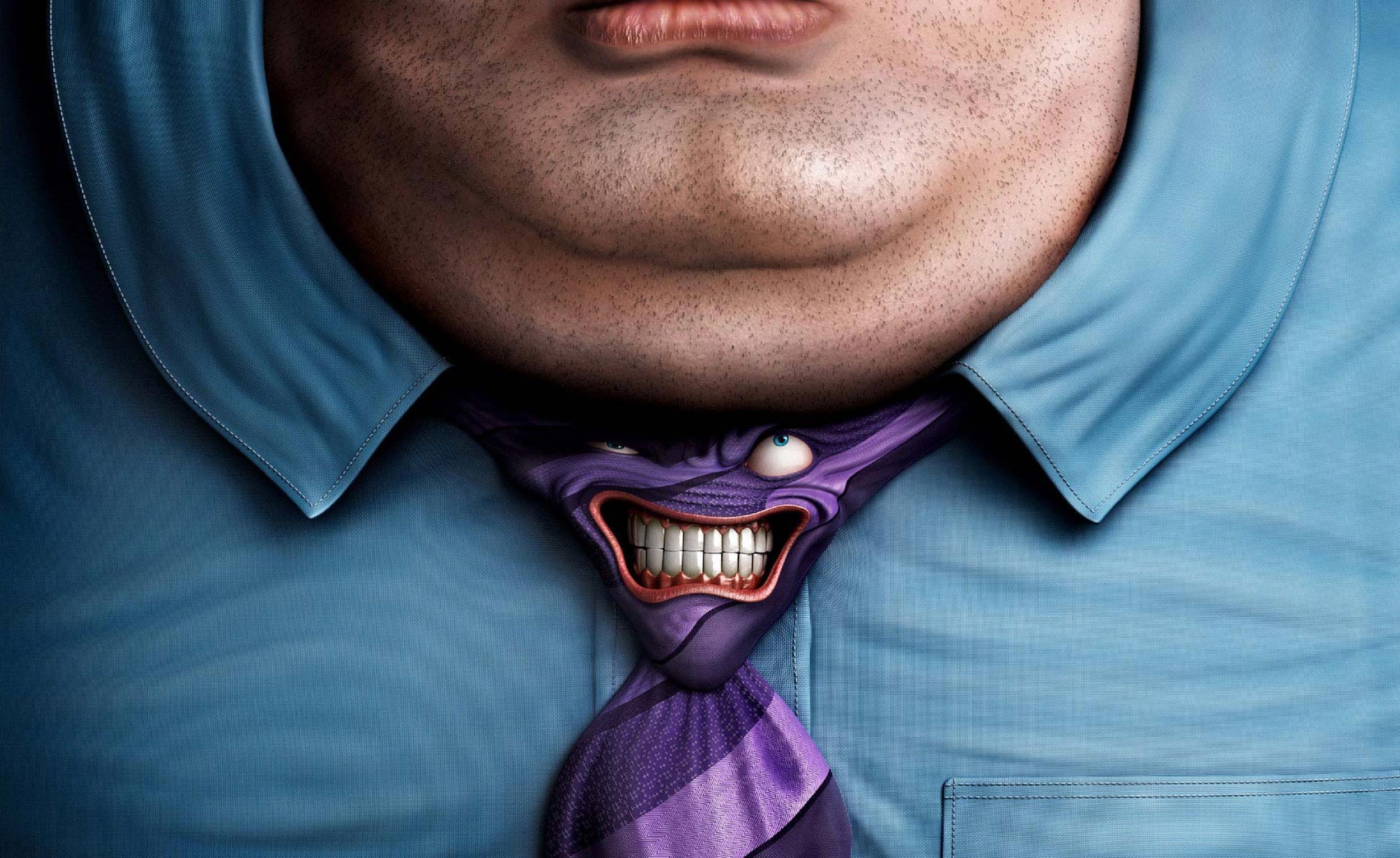 Man with chin fat wears a blue shirt and purple tie with an illustrated smiling face. Illustration and photography combine in a humorous style.