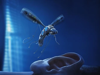 A mechanical robotic insect with audio equipment parts hovering above a human ear against a blue background.