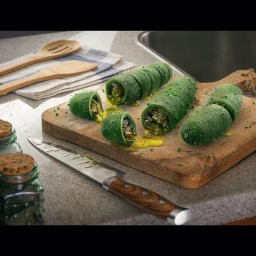 Fuzzy green cylindrical food items sliced open on a wooden cutting board with a kitchen knife and wooden utensils nearby.
