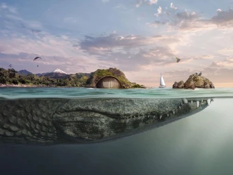Surreal split-level image showing a crocodile snout underwater while its back forms an island landscape with a dome structure.