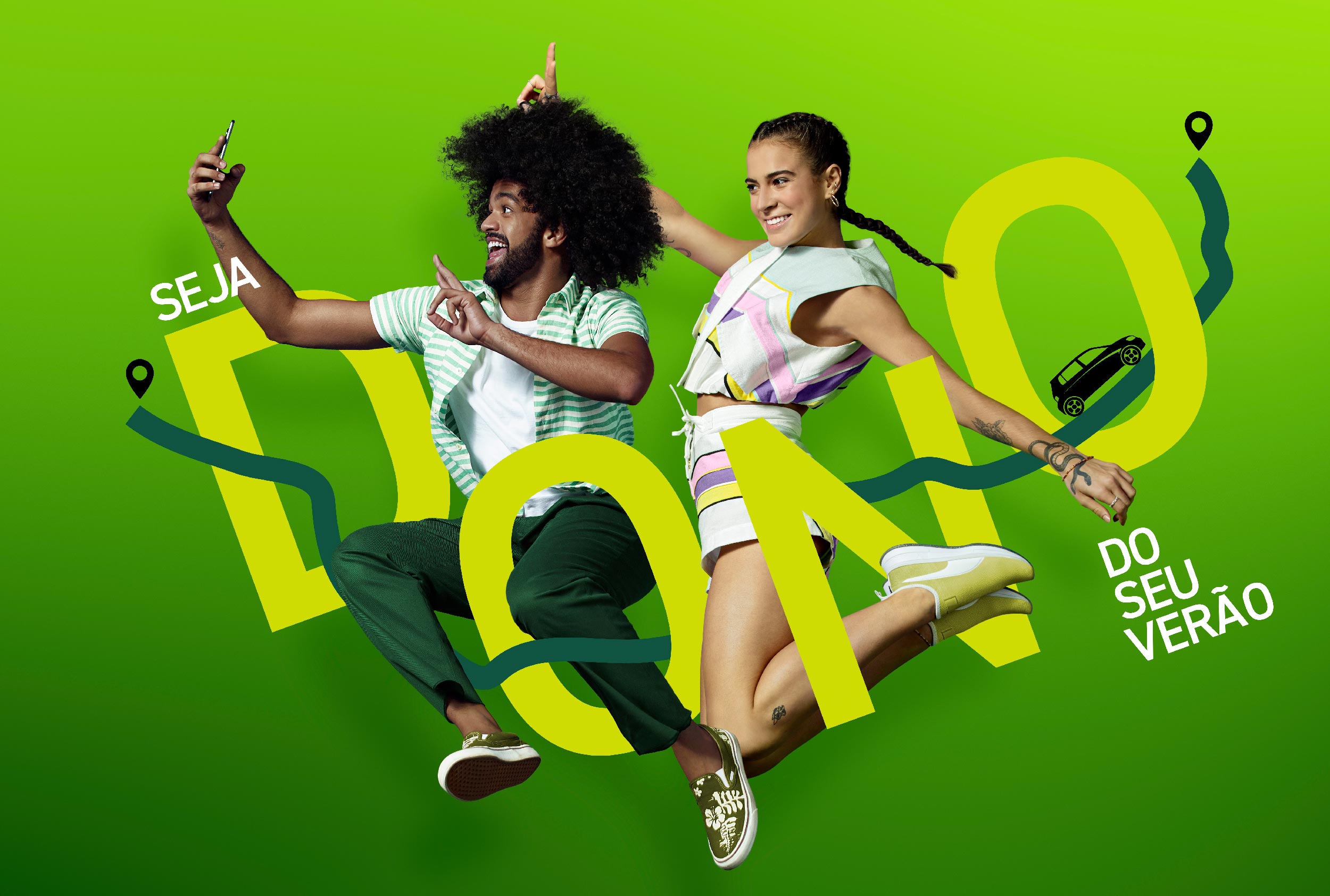 Two people jump in the air against a bright green background with yellow text promoting summer travel. One person is holding a phone.