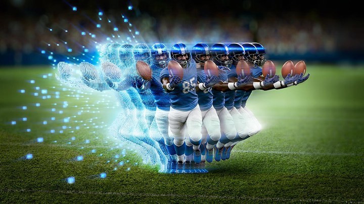 Digitally rendered American football player running with the football on a field, with a blurred motion effect and light streaks.